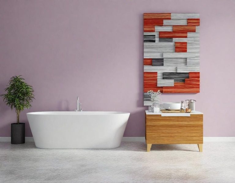 Salle de bain originale luxueuse, neuve Salle de bain moderne avec baignoire blanche, meuble en bois et tableau coloré.