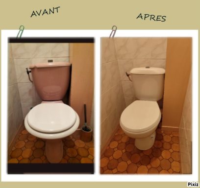 Remplacement WC au sol Toilettes avant et après rénovation, changement de couleur et de style.