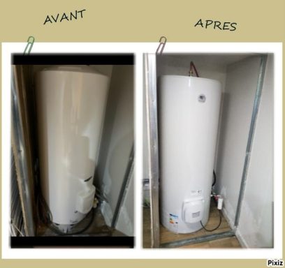 Remplacement de chauffe-eau 300 litre Chauffe-eau électrique avant et après son installation, avec une finition propre.