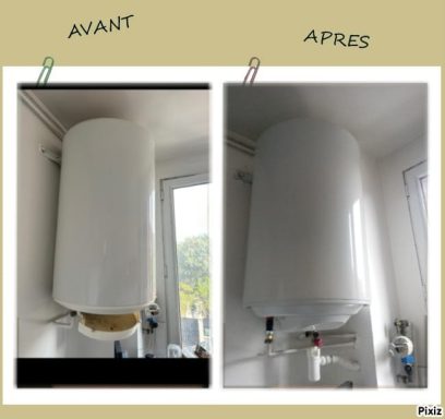 Remplacement chauffe-eau électrique 100 litres Ballon d'eau chaude avant et après son installation, avec une finition propre.