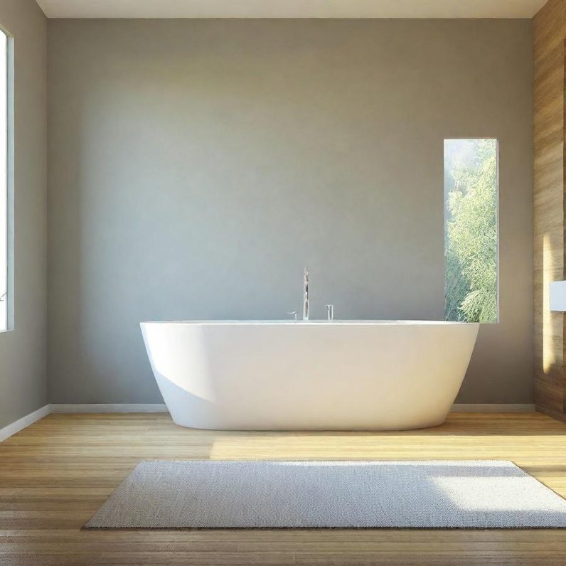 Salle de Bain moderne neuve blanche Salle de bains moderne avec baignoire blanche, murs gris et lumière naturelle.