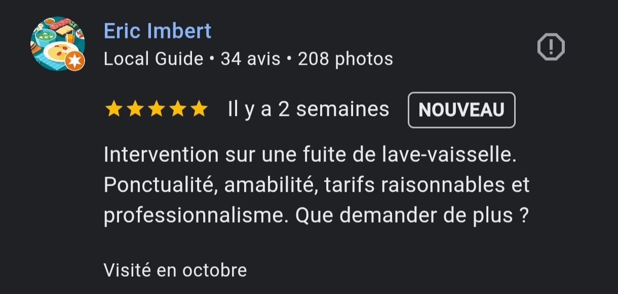 Avis 5 étoile sur réparation de fuite Évaluation de Eric Hebert : 5 étoiles pour un service de qualité et professionnel.