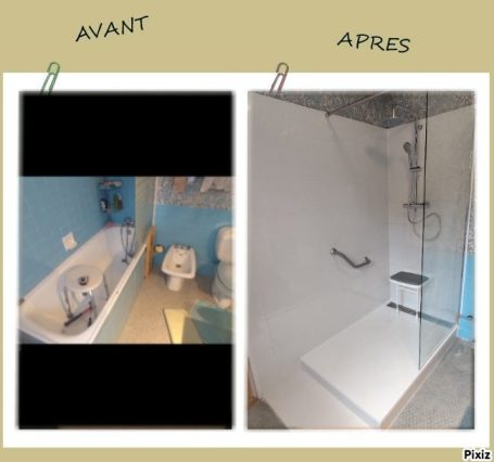 Salle de bain avant et après rénovation, avec baignoire à douche moderne semi-pmr Salle de bain avant et après rénovation, avec baignoire à douche moderne.