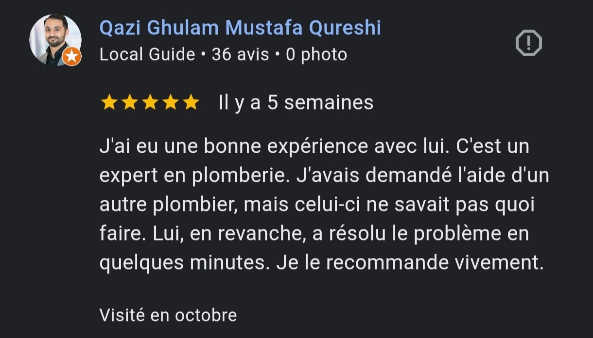 QGPlomberie avis client satisfait 5 étoiles Évaluation positive d'une expérience avec un service de guide local.